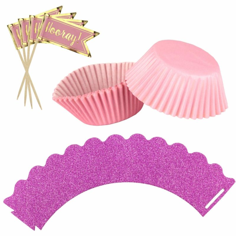 Baking Cups | Pink Glitter Cupcake Decorating Kit (Pack Of 24) Baking & Cake Decorating Baking Cups