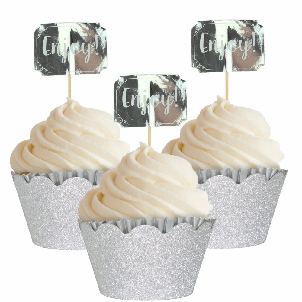 Baking Cups | Silver Glitter Cupcake Decorating Kit (Pack Of 24) Baking & Cake Decorating Baking Cups