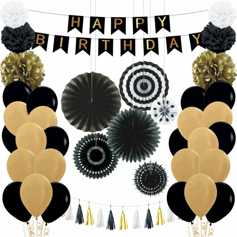 Bouquets, Garlands & Kits | Happy Birthday Black And Gold Balloon Decorating Kit Balloons Bouquets, Garlands & Kits