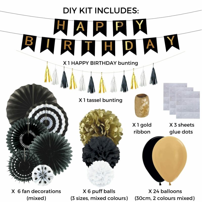 Bouquets, Garlands & Kits | Happy Birthday Black And Gold Balloon Decorating Kit Balloons Bouquets, Garlands & Kits