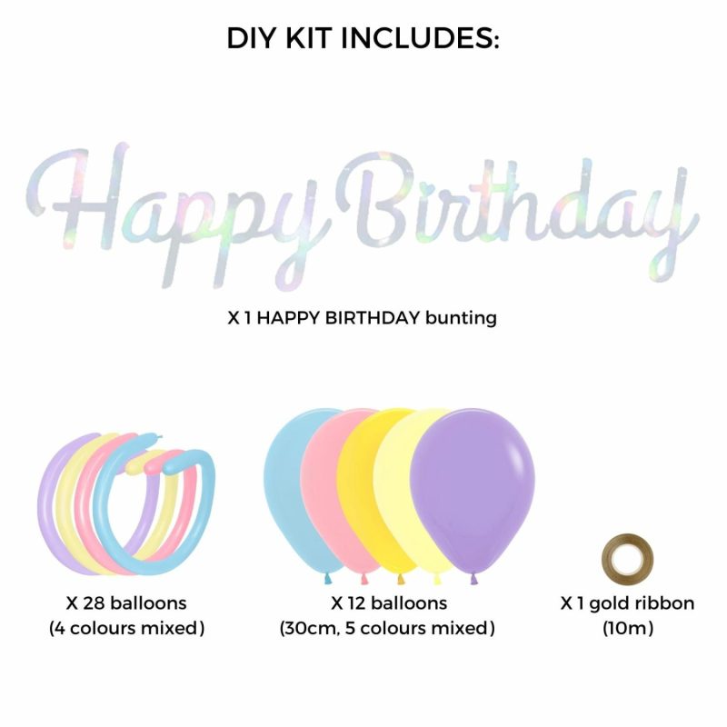 Bouquets, Garlands & Kits | Iridescent Happy Birthday Cascading Pastel Balloon Banner Kit Balloons Bouquets, Garlands & Kits