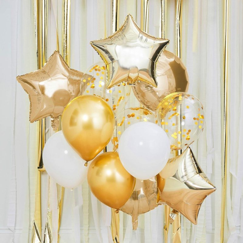 Bouquets, Garlands & Kits | Metallic Gold Star And Confetti Balloon Bouquet (12 Balloons) Balloons Bouquets, Garlands & Kits