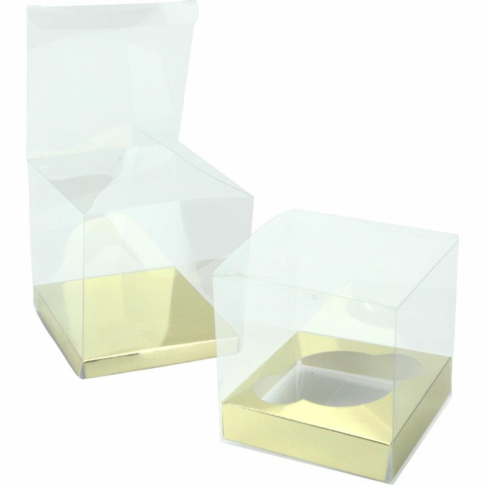 Cake Boards & Boxes | Clear Square Cake And Cupcake Boxes With Gold Inserts 9Cm (Pack Of 4) Baking & Cake Decorating Cake Boards & Boxes