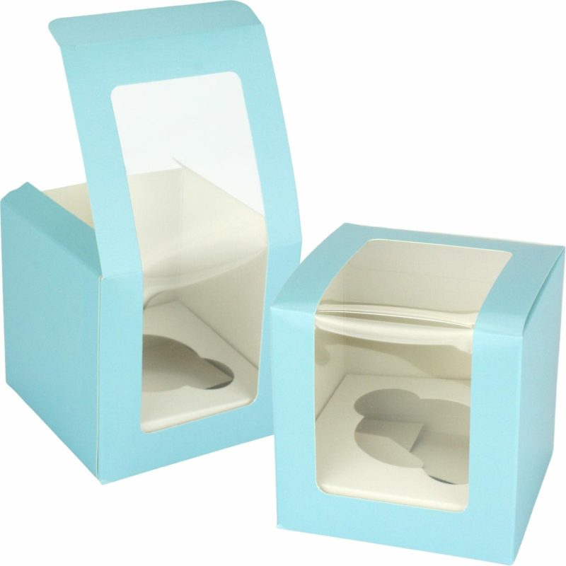 Cake Boards & Boxes | Light Blue Cupcake Boxes With Window 10Cm (Pack Of 4) Baking & Cake Decorating Cake Boards & Boxes