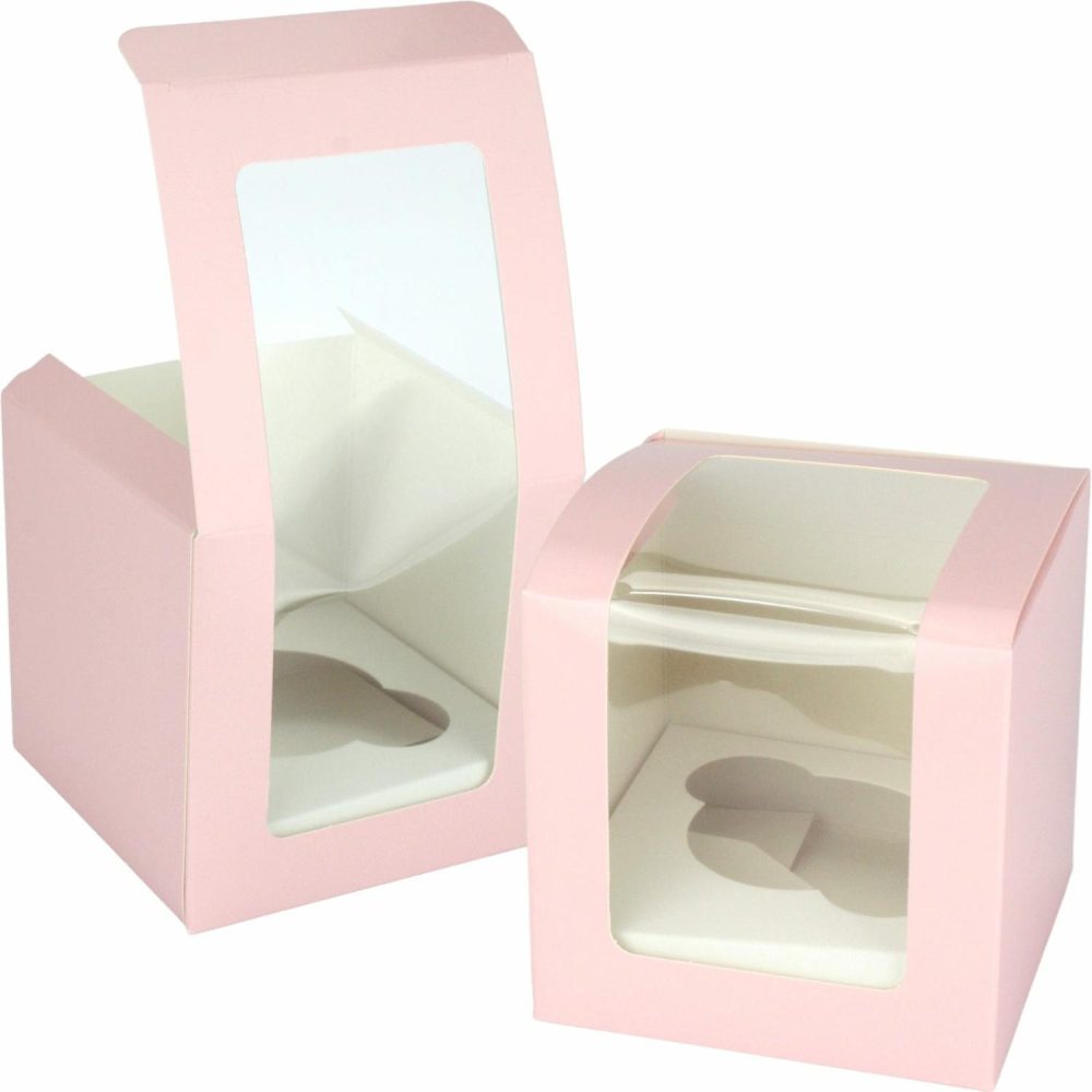 Cake Boards & Boxes | Light Pink Cupcake Boxes With Window 10Cm (Pack Of 4) Baking & Cake Decorating Cake Boards & Boxes