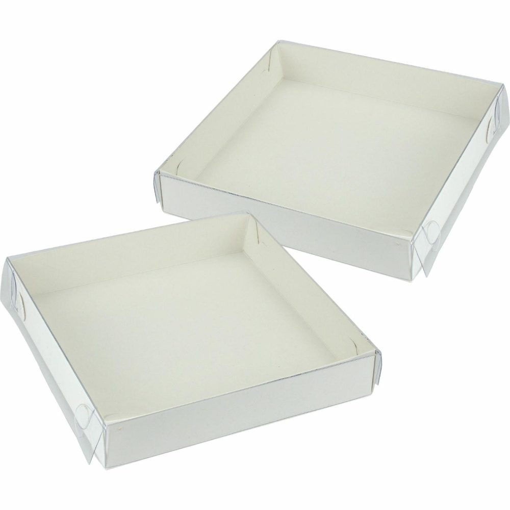 Cake Boards & Boxes | White Square Cookie / Biscuit Boxes With Clear Plastic Lids 15.5Cm (Pack Of 2) Baking & Cake Decorating Cake Boards & Boxes