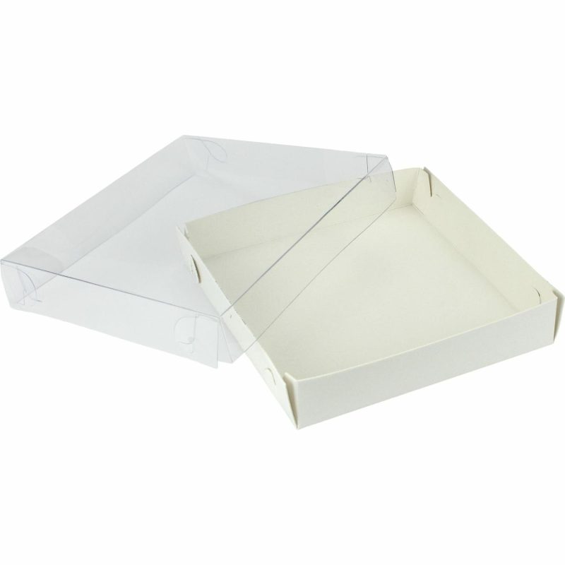 Cake Boards & Boxes | White Square Cookie / Biscuit Boxes With Clear Plastic Lids 15.5Cm (Pack Of 2) Baking & Cake Decorating Cake Boards & Boxes