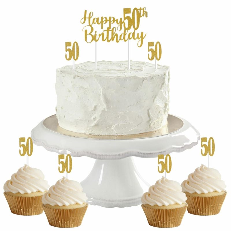 Cake & Cupcake Toppers | Gold Happy 50Th Birthday With 50’s Cake Toppers (Pack Of 7) Baking & Cake Decorating Cake & Cupcake Toppers