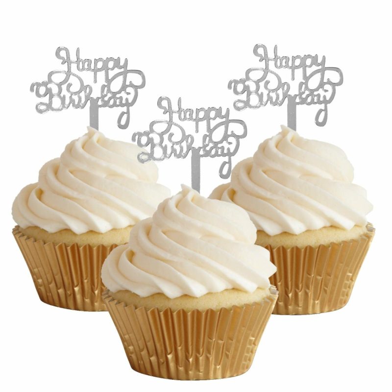 Cake & Cupcake Toppers | Happy Birthday Silver Mirror Cupcake Toppers (Pack Of 4) Baking & Cake Decorating Cake & Cupcake Toppers