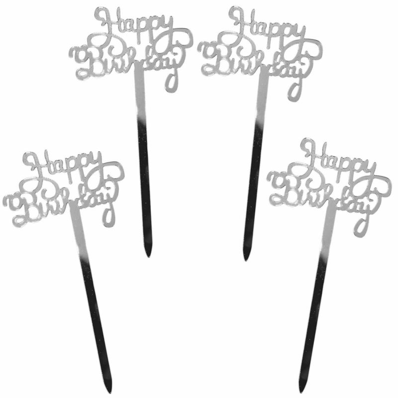 Cake & Cupcake Toppers | Happy Birthday Silver Mirror Cupcake Toppers (Pack Of 4) Baking & Cake Decorating Cake & Cupcake Toppers