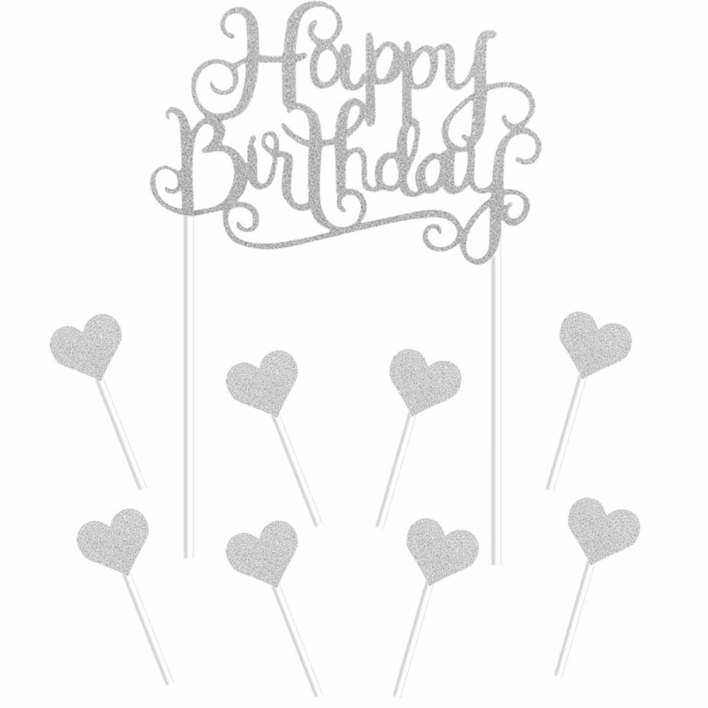 Cake & Cupcake Toppers | Silver Happy Birthday With Hearts Cake Toppers (Pack Of 7) Baking & Cake Decorating Cake & Cupcake Toppers