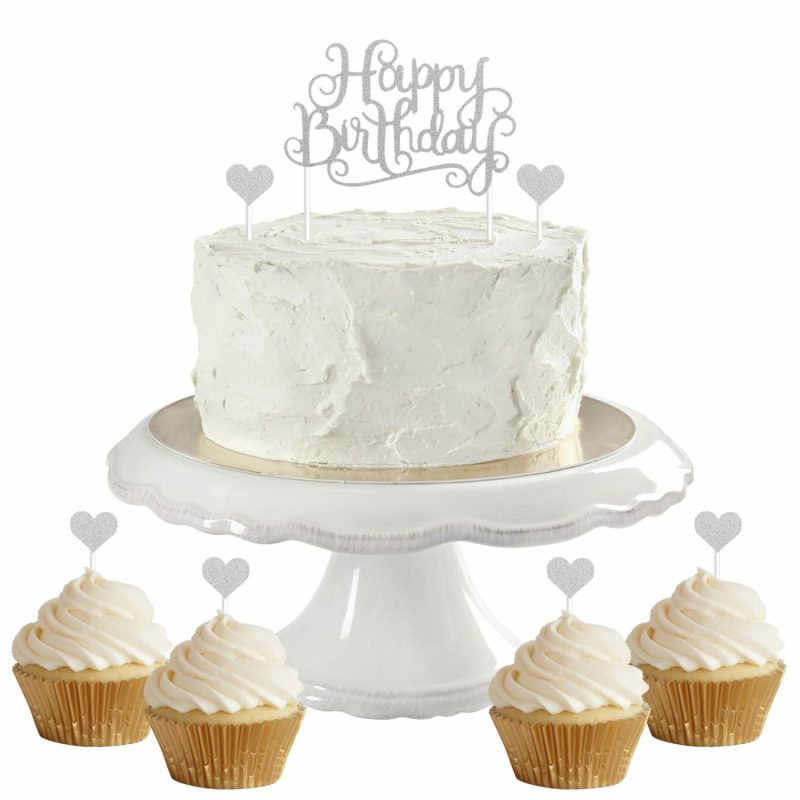 Cake & Cupcake Toppers | Silver Happy Birthday With Hearts Cake Toppers (Pack Of 7) Baking & Cake Decorating Cake & Cupcake Toppers