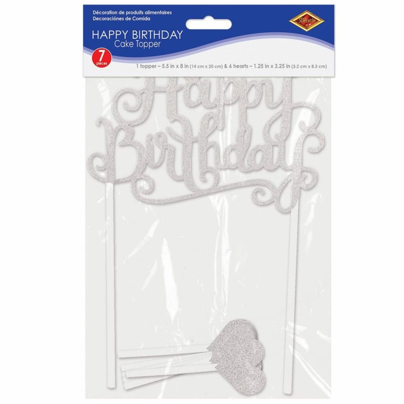 Cake & Cupcake Toppers | Silver Happy Birthday With Hearts Cake Toppers (Pack Of 7) Baking & Cake Decorating Cake & Cupcake Toppers