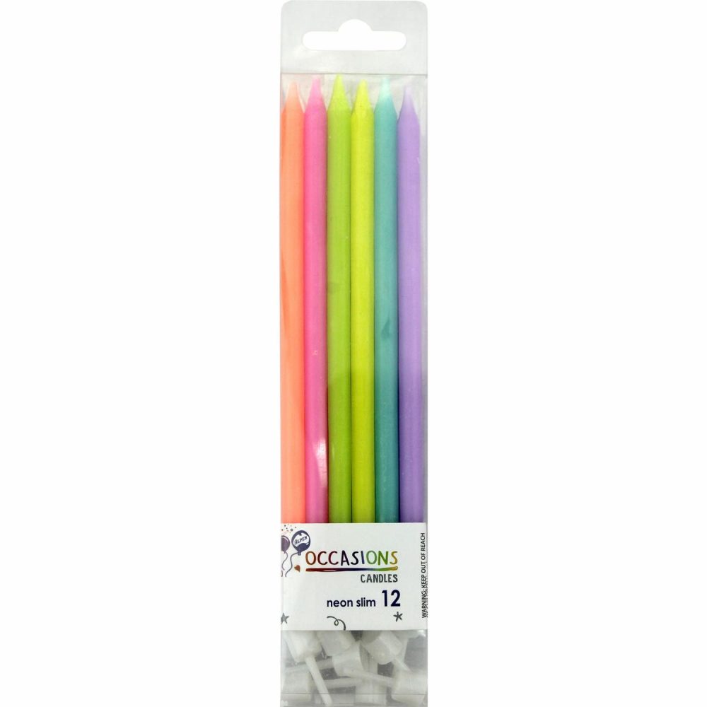 Candles | Assorted Neon Slim Birthday Candles (Pack Of 12) Baking & Cake Decorating Candles