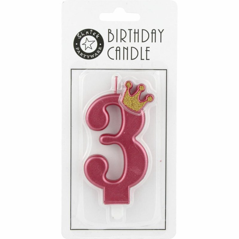 Candles | Pink Rose Gold Glitter Crown Number 3 Candle Baking & Cake Decorating Candles