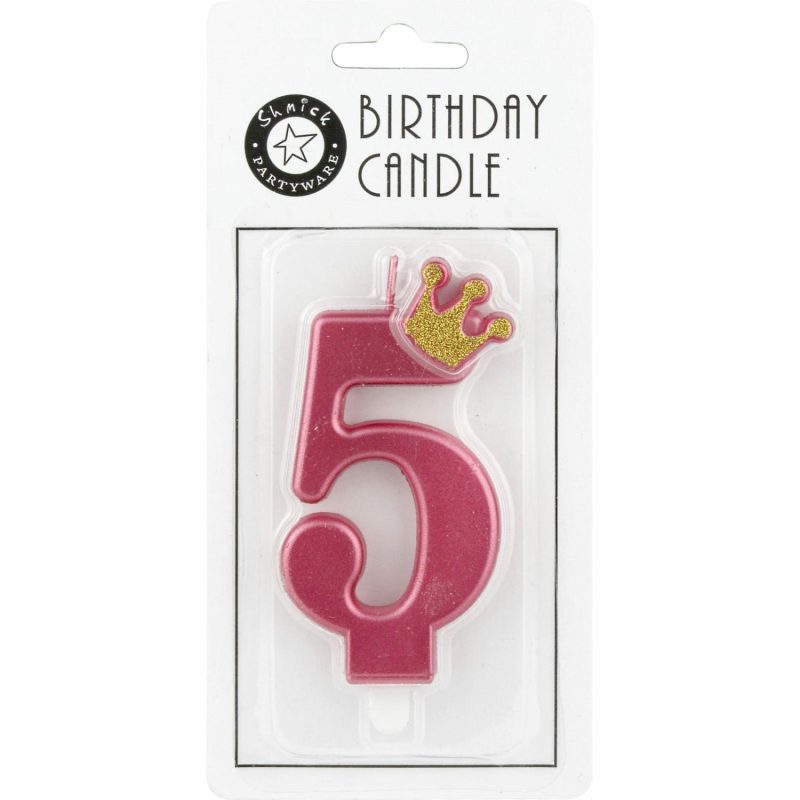 Candles | Pink Rose Gold Glitter Crown Number 5 Candle Baking & Cake Decorating Candles