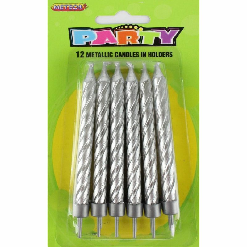 Candles | Silver Metallic Spiral Birthday Candles (Pack Of 12) Baking & Cake Decorating Candles