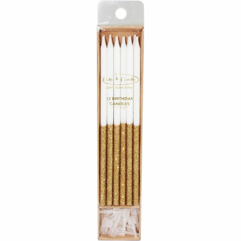 Candles | White & Gold Glitter Dipped Birthday Candles (Pack Of 12) Baking & Cake Decorating Candles