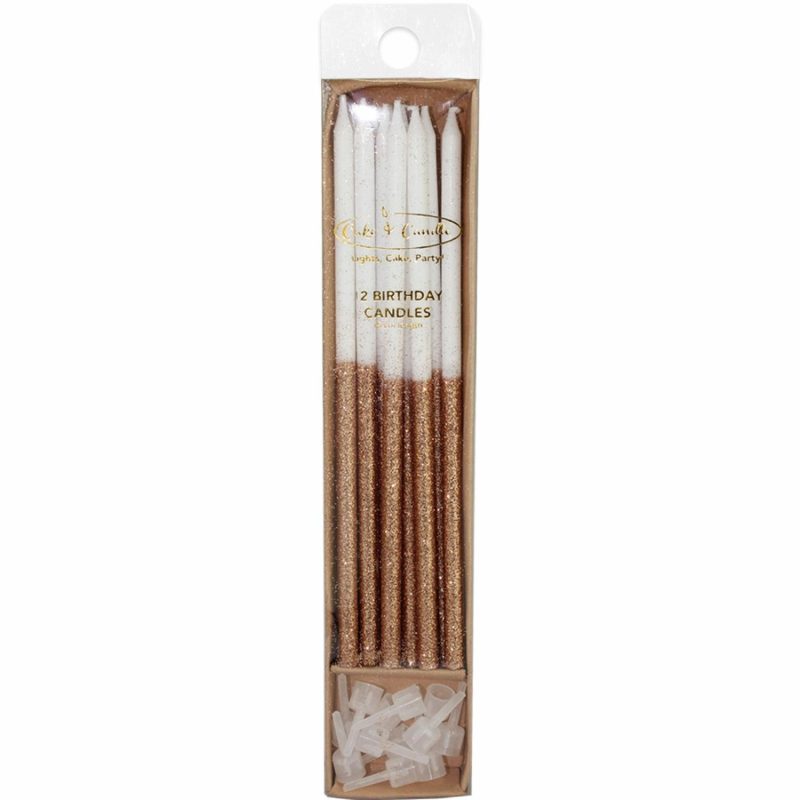 Candles | White & Rose Gold Glitter Dipped Birthday Candles (Pack Of 12) Baking & Cake Decorating Candles