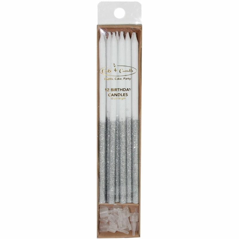 Candles | White & Silver Glitter Dipped Birthday Candles (Pack Of 12) Baking & Cake Decorating Candles