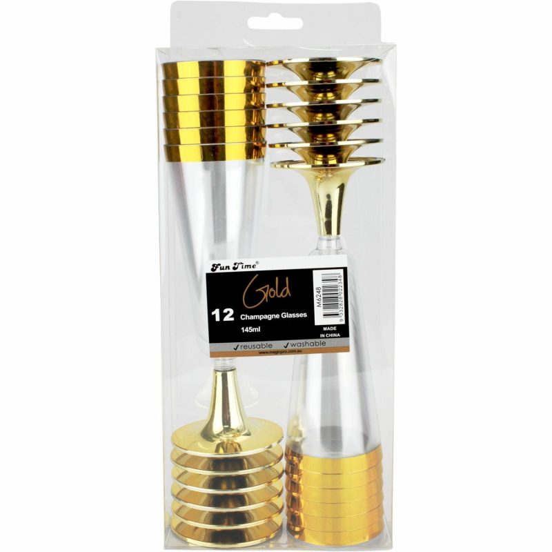 Cups & Glasses | Gold Trim Plastic Champagne Glasses (Pack Of 12) Catering & Kitchen Cups & Glasses