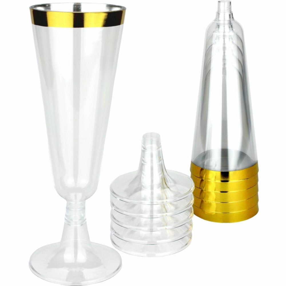 Cups & Glasses | Gold Trim Plastic Champagne Glasses (Pack Of 6) Catering & Kitchen Cups & Glasses