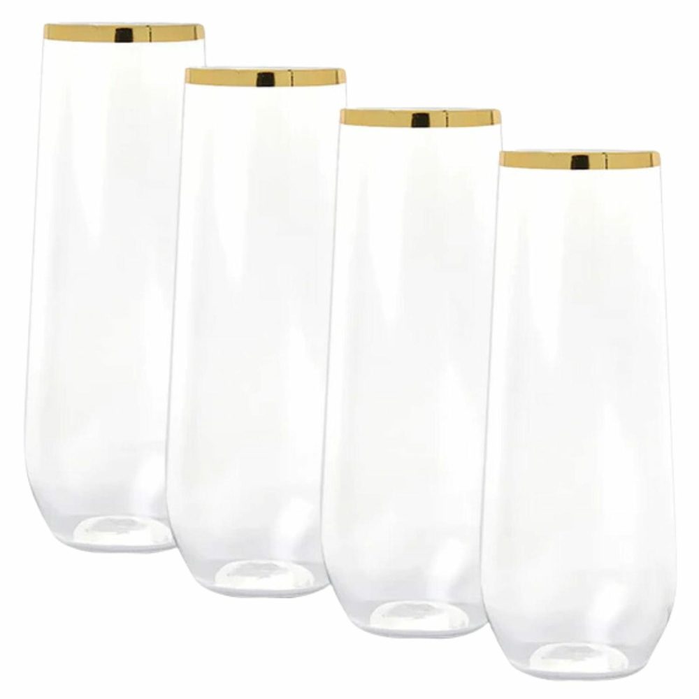 Cups & Glasses | Gold Trim Plastic Stemless Champagne Glasses 250Ml (Pack Of 4) Catering & Kitchen Cups & Glasses