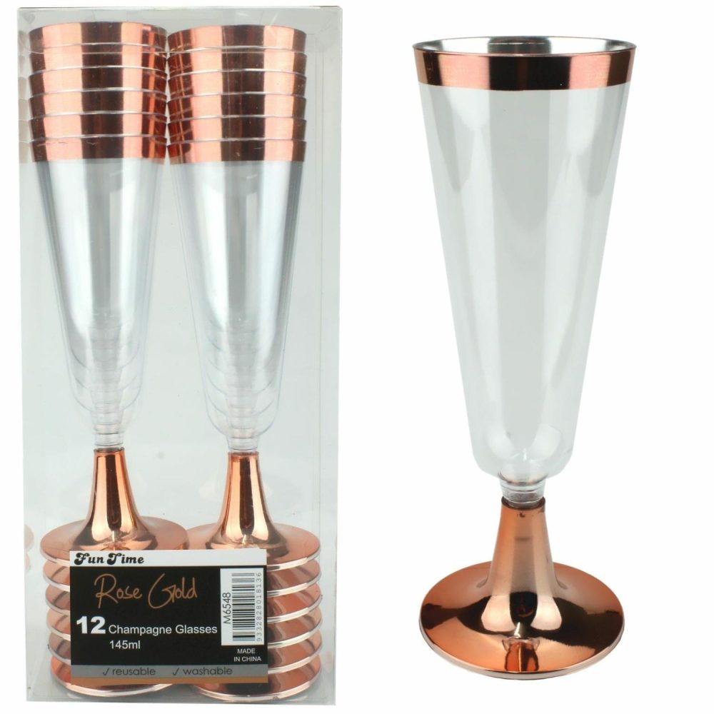 Cups & Glasses | Rose Gold Trim Plastic Champagne Glasses (Pack Of 12) Catering & Kitchen Cups & Glasses