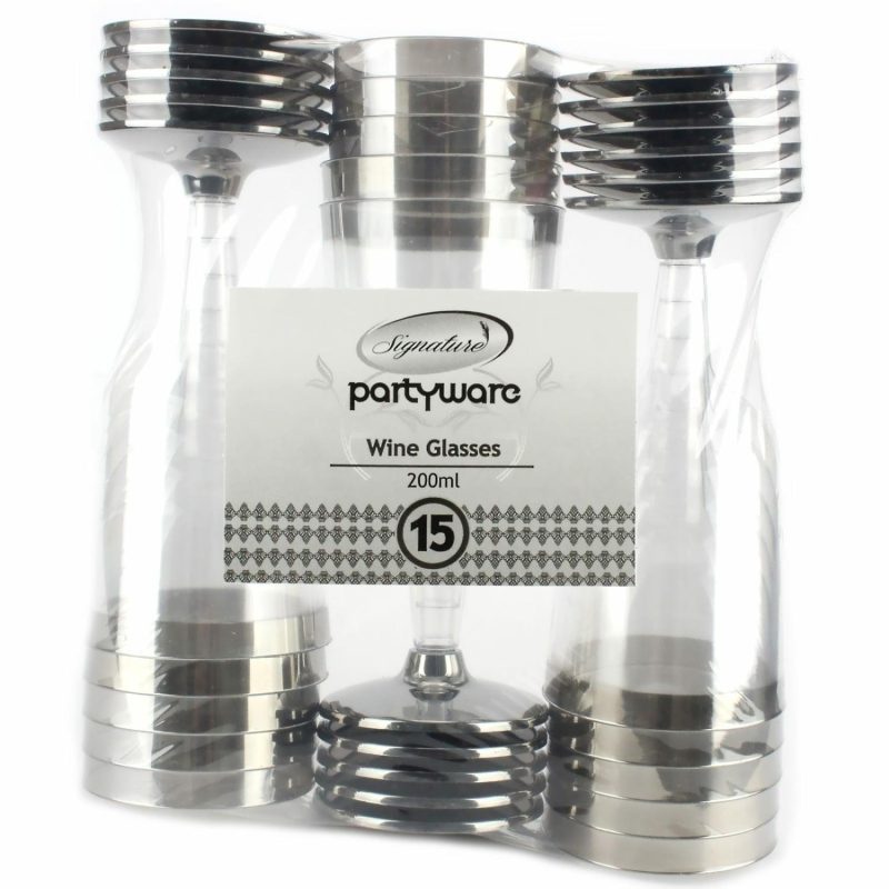 Cups & Glasses | Silver Trim Plastic Wine Glasses (Pack Of 15) Catering & Kitchen Cups & Glasses