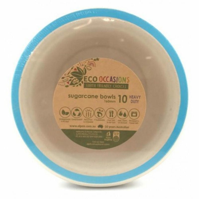 Eco-Friendly Partyware | Light Blue Rim Sugar Cane Bowls (Pack Of 10) Decor Eco-Friendly Partyware