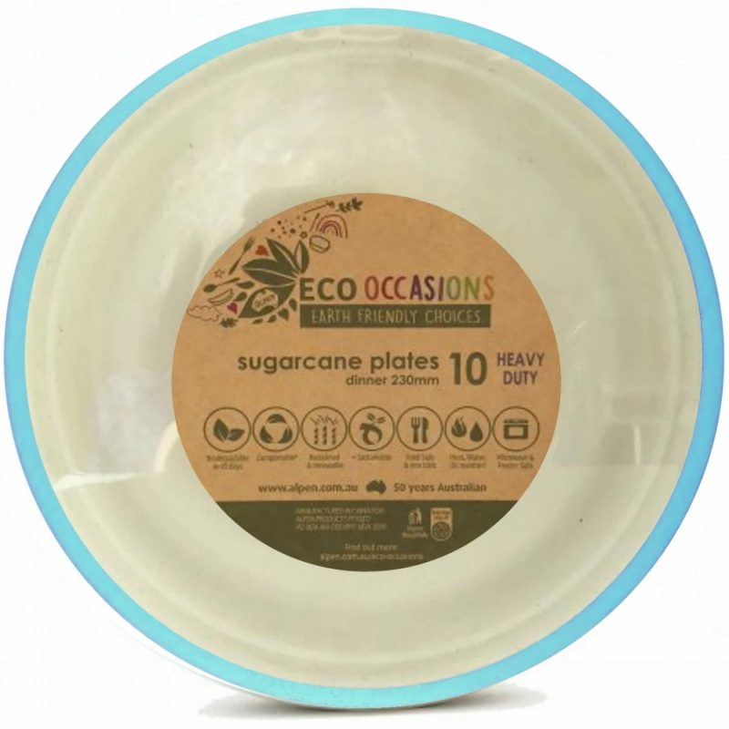 Eco-Friendly Partyware | Light Blue Rim Sugar Cane Large Plates (Pack Of 10) Decor Eco-Friendly Partyware