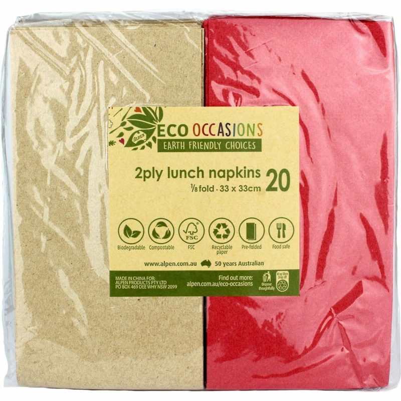 Eco-Friendly Partyware | Red And Eco Brown Napkins / Serviettes 1 / 8 Gt Fold (Pack Of 20) Decor Eco-Friendly Partyware