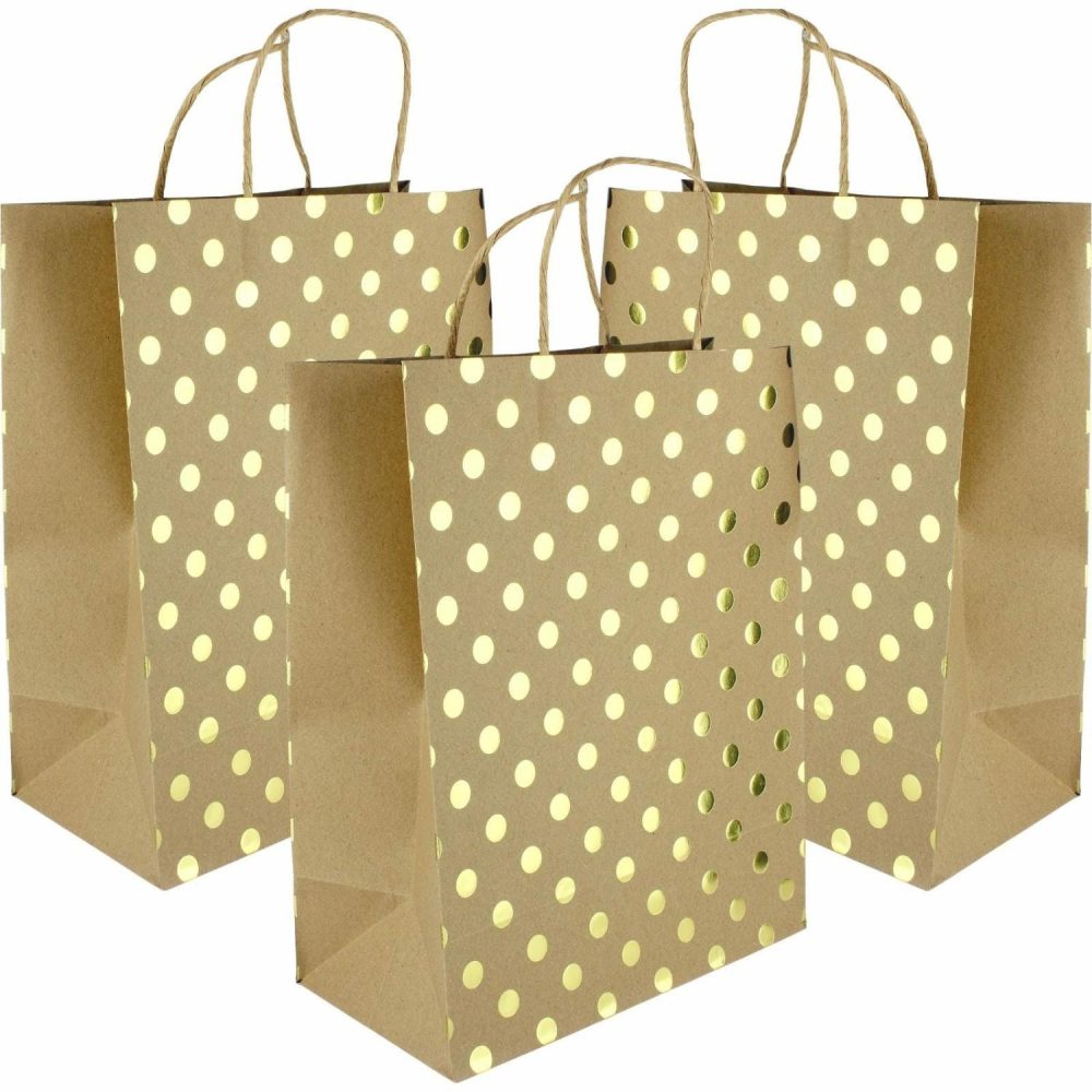 Gift Bags | Brown Kraft And Gold Foil Dot Paper Gift Bags 32Cm (Pack Of 5) Gift Bags Gift Bags