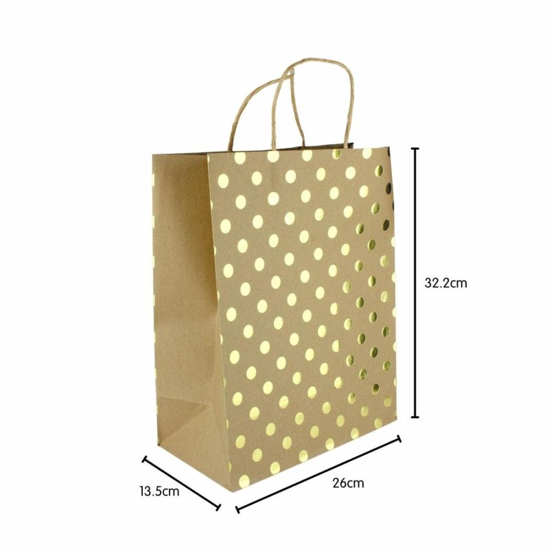 Gift Bags | Brown Kraft And Gold Foil Dot Paper Gift Bags 32Cm (Pack Of 5) Gift Bags Gift Bags