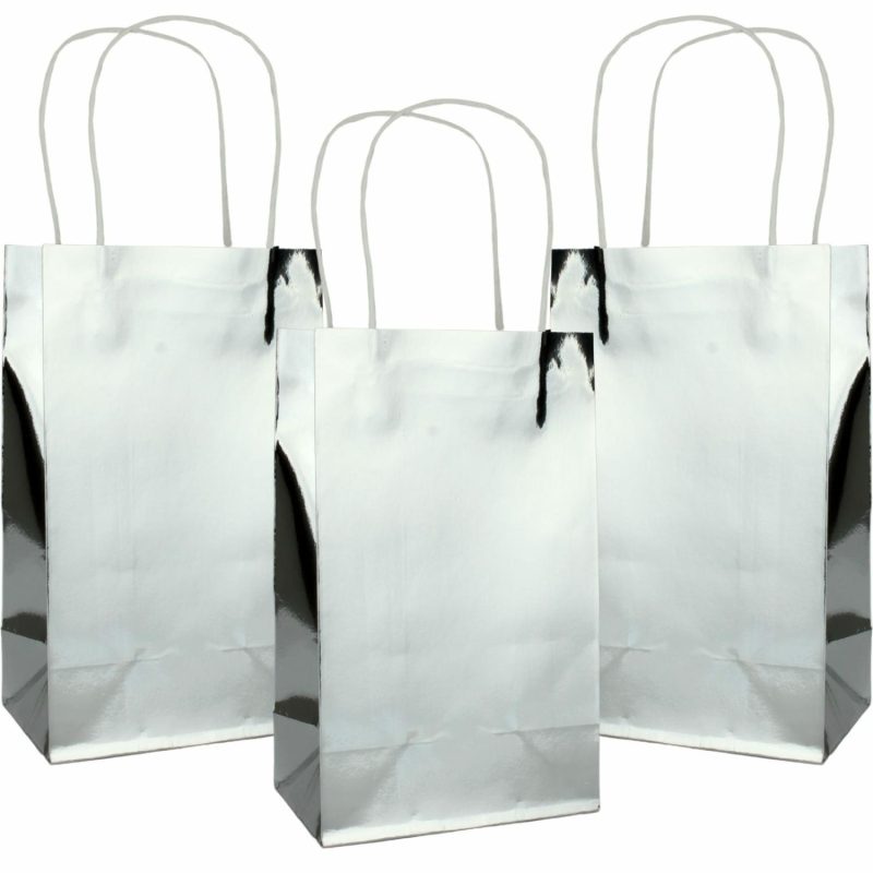 Gift Bags | Metallic Silver Paper Gift Bags 21.5Cm (Pack Of 5) Gift Bags Gift Bags