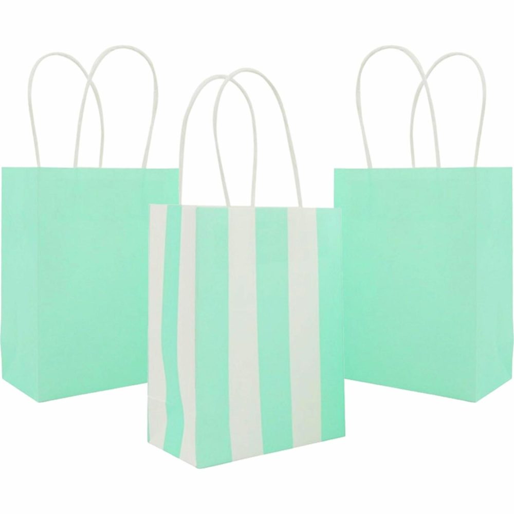 Gift Bags | Mint Green Solid And Striped Paper Gift Bags 16Cm (Pack Of 4) Gift Bags Gift Bags