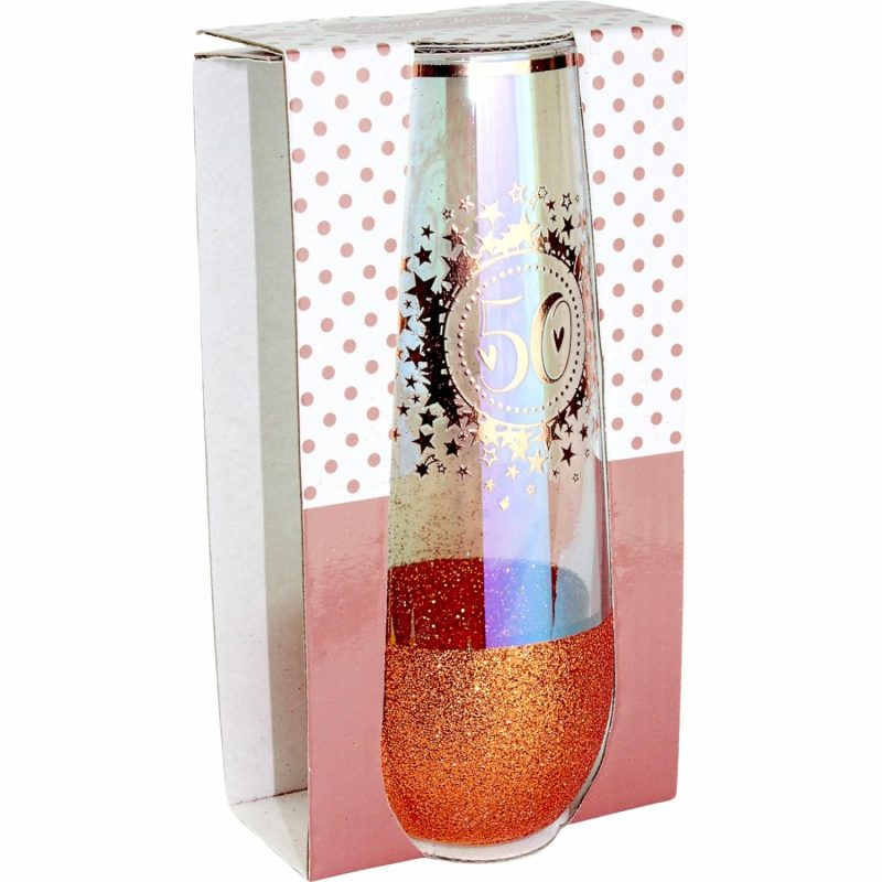 Keepsakes & Gifts | 50Th Birthday Rose Gold Glitter And Iridescent Stemless Champagne Glass Gifts Keepsakes & Gifts