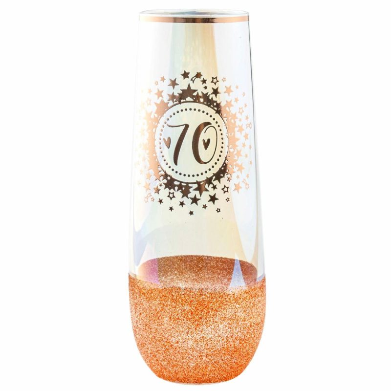 Keepsakes & Gifts | 70Th Birthday Rose Gold Glitter And Iridescent Stemless Champagne Glass Gifts Keepsakes & Gifts