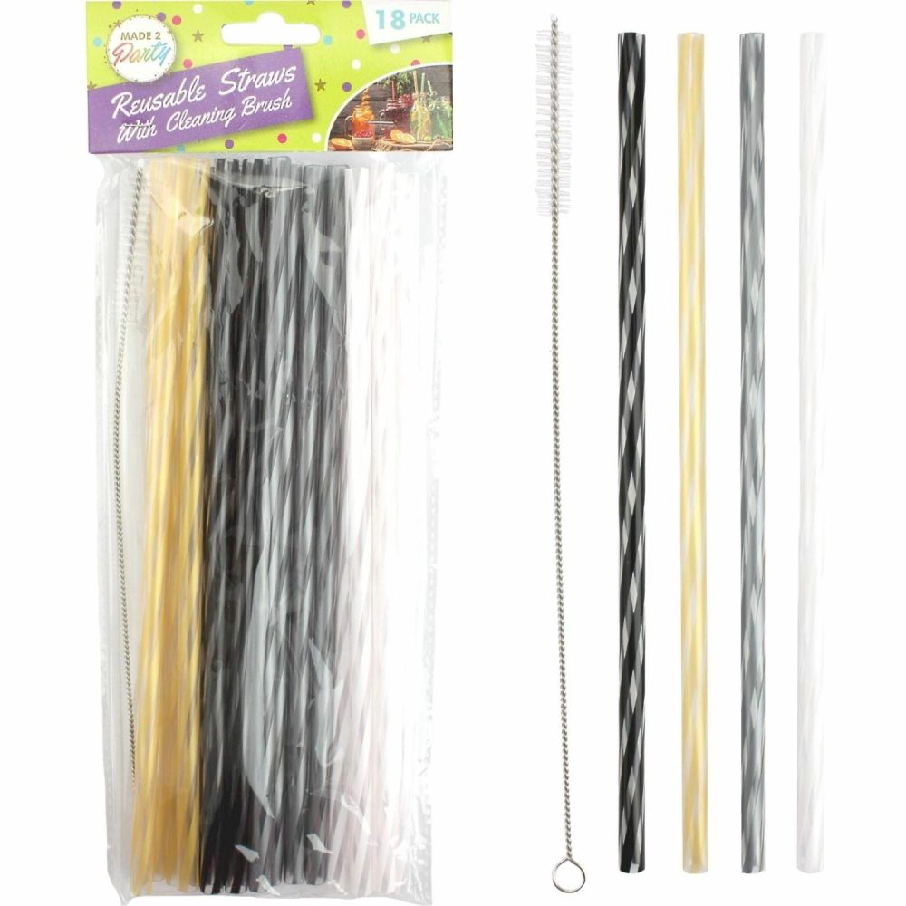 Kitchen Accessories | Monochrome & Metallic Reusable Plastic Straws & Brush (Pack Of 18) Catering & Kitchen Kitchen Accessories