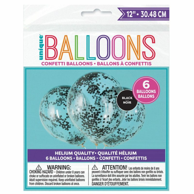 Latex Balloons | Black Pre-Filled Confetti Balloons (Pack Of 6) Balloons Latex Balloons