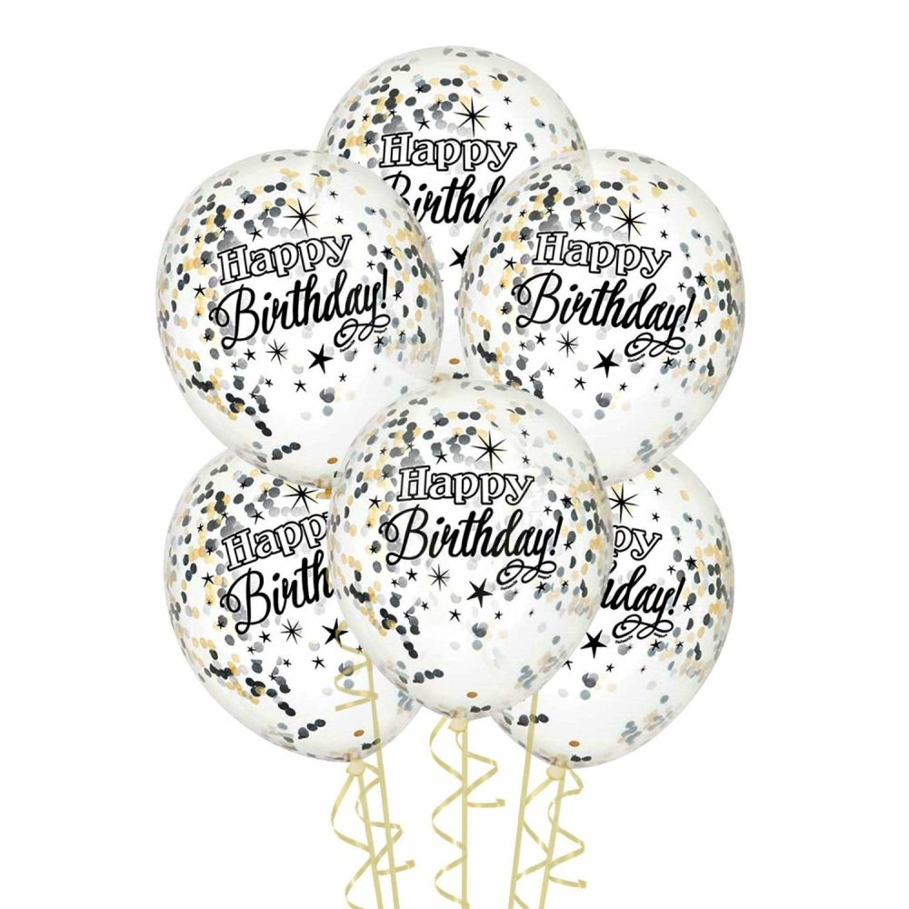 Latex Balloons | Happy Birthday Black Gold & Silver Pre-Filled Confetti Balloons (Pack Of 6) Balloons Latex Balloons