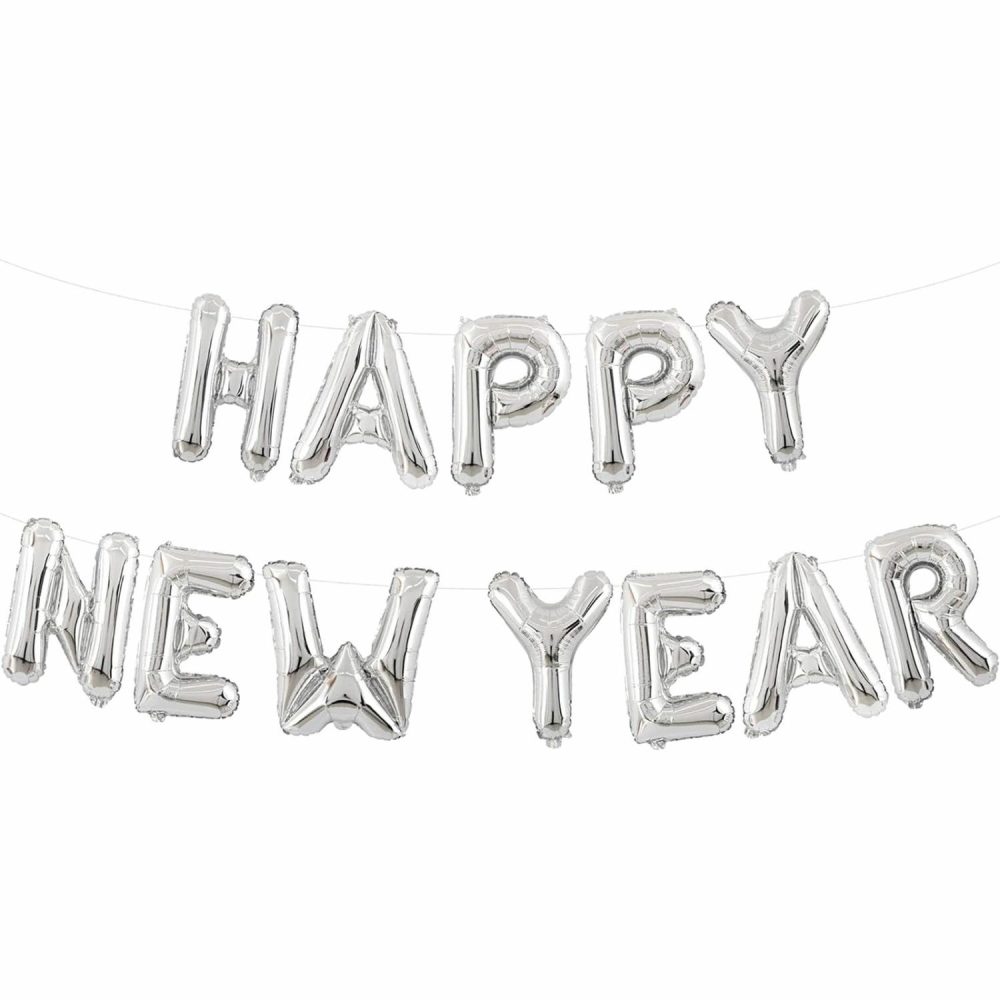 Letters & Numbers | Silver Happy New Year Foil Balloon Banner (Air Fill) Balloons Letters & Numbers