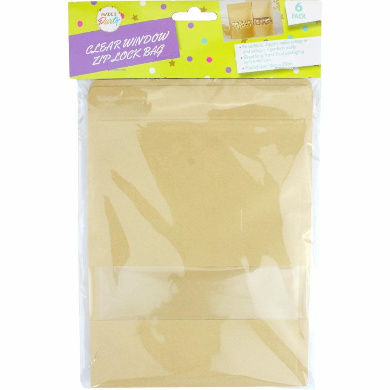 Party Bags | Brown Paper Resealable Bags With Windows 22Cm (Pack Of 6) Gifts Party Bags