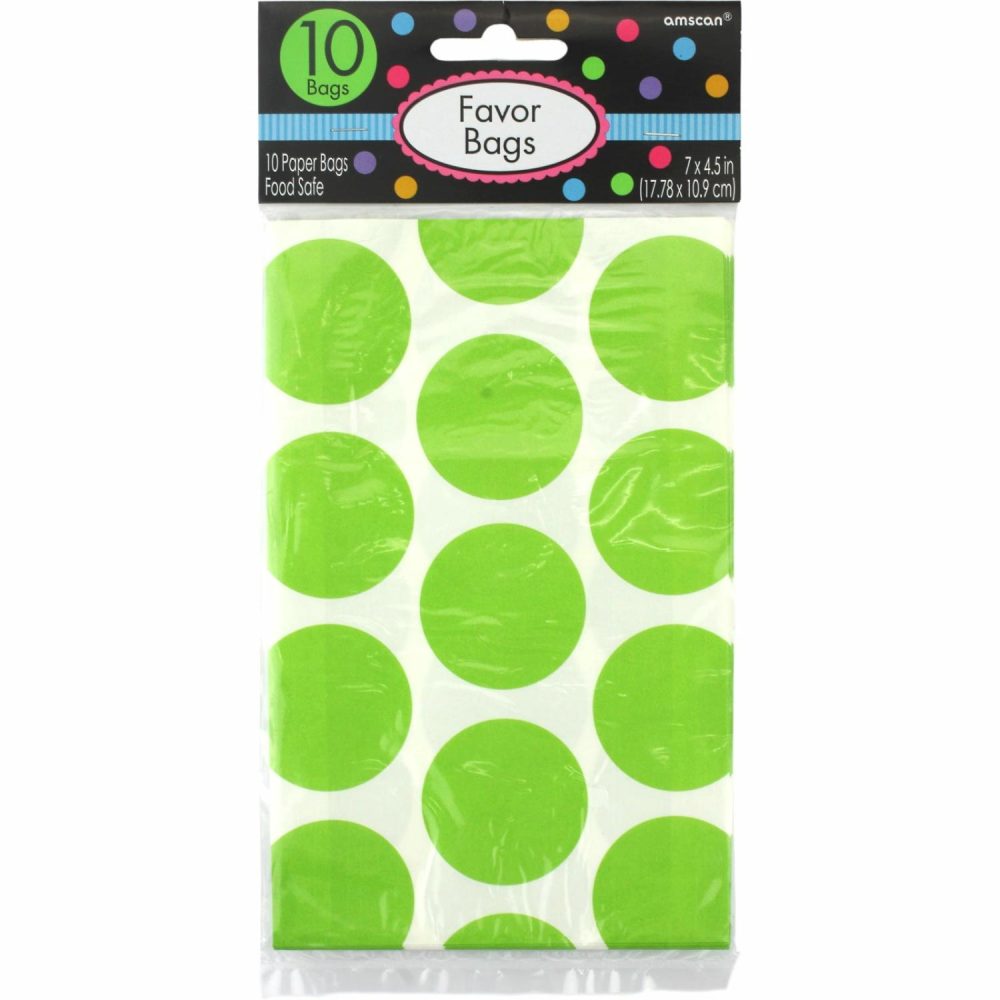 Party Bags | Lime Green Polka Dot Paper Treat Bags (Pack Of 10) Gifts Party Bags