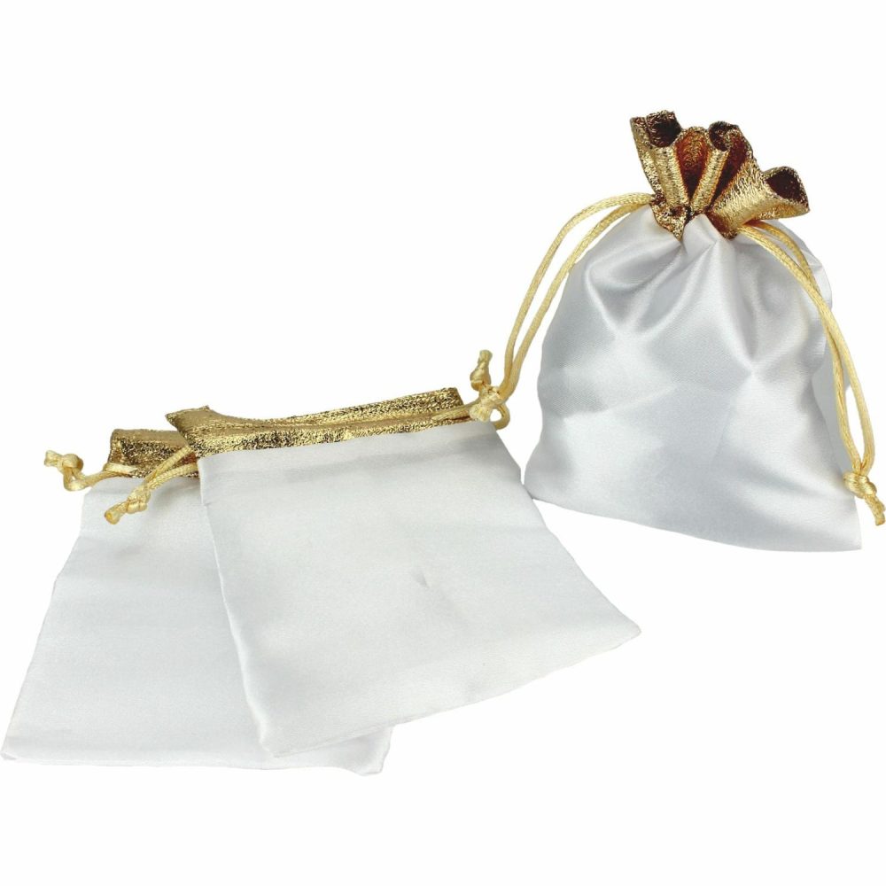 Party Bags | White Satin With Metallic Gold Trim Drawstring Bags 14Cm (Pack Of 3) Gifts Party Bags