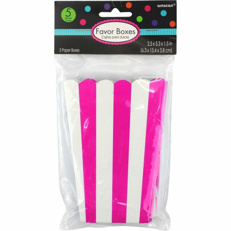 Party Boxes & Containers | Hot Pink Stripe Popcorn Boxes (Pack Of 5) Gifts Party Boxes & Containers