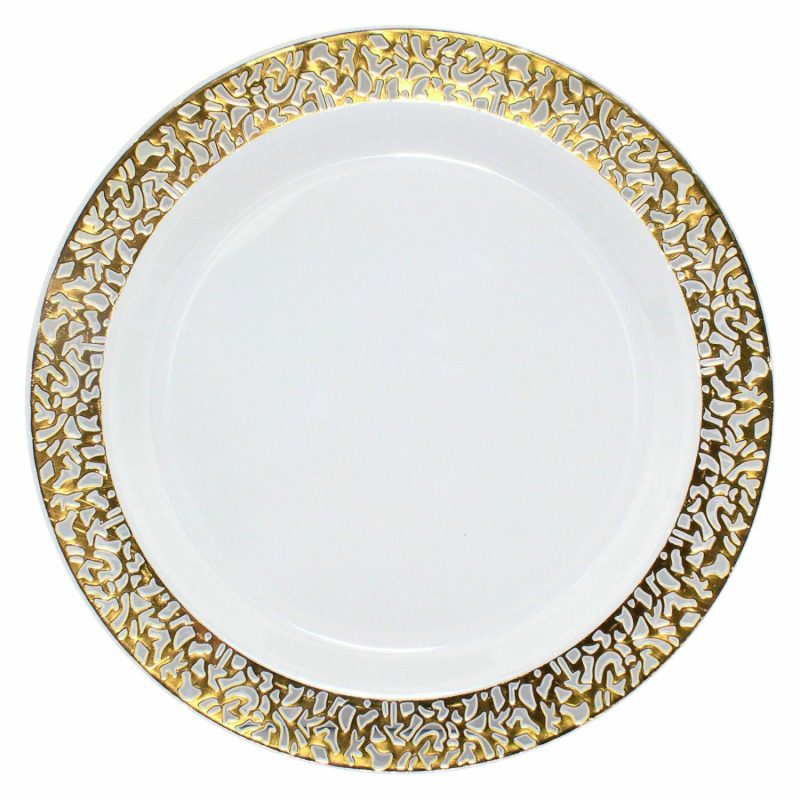 Plates, Platters & Bowls | Gold Lace Trim 22.5Cm Plastic Plates (Pack Of 6) Catering & Kitchen Plates, Platters & Bowls