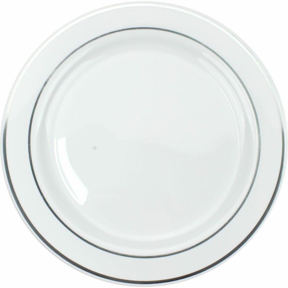 Plates, Platters & Bowls | Silver Dual Trim Large Plastic Plates (Pack Of 6) Catering & Kitchen Plates, Platters & Bowls