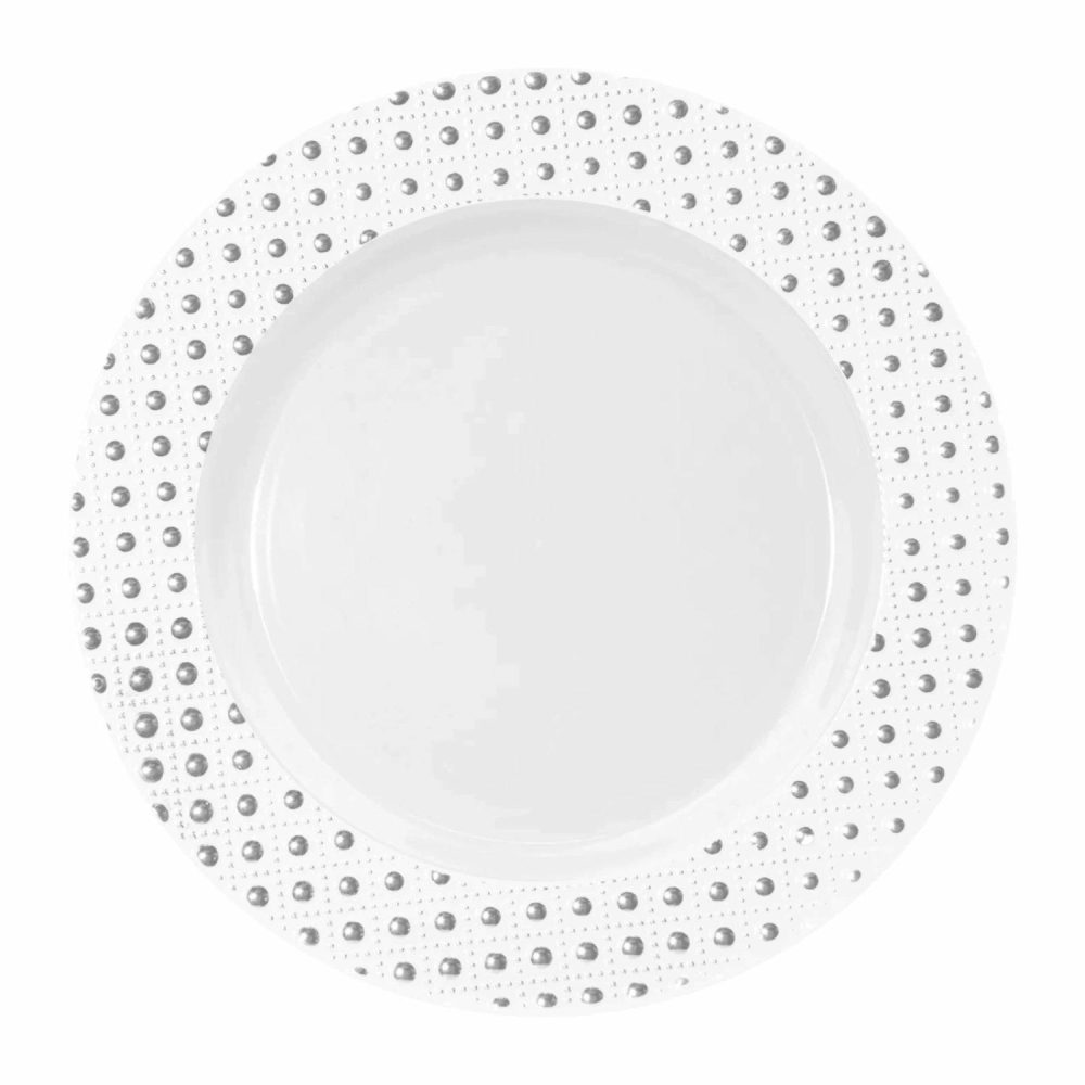 Plates, Platters & Bowls | Silver Embossed Dot Trim Small Plastic Plates (Pack Of 6) Catering & Kitchen Plates, Platters & Bowls