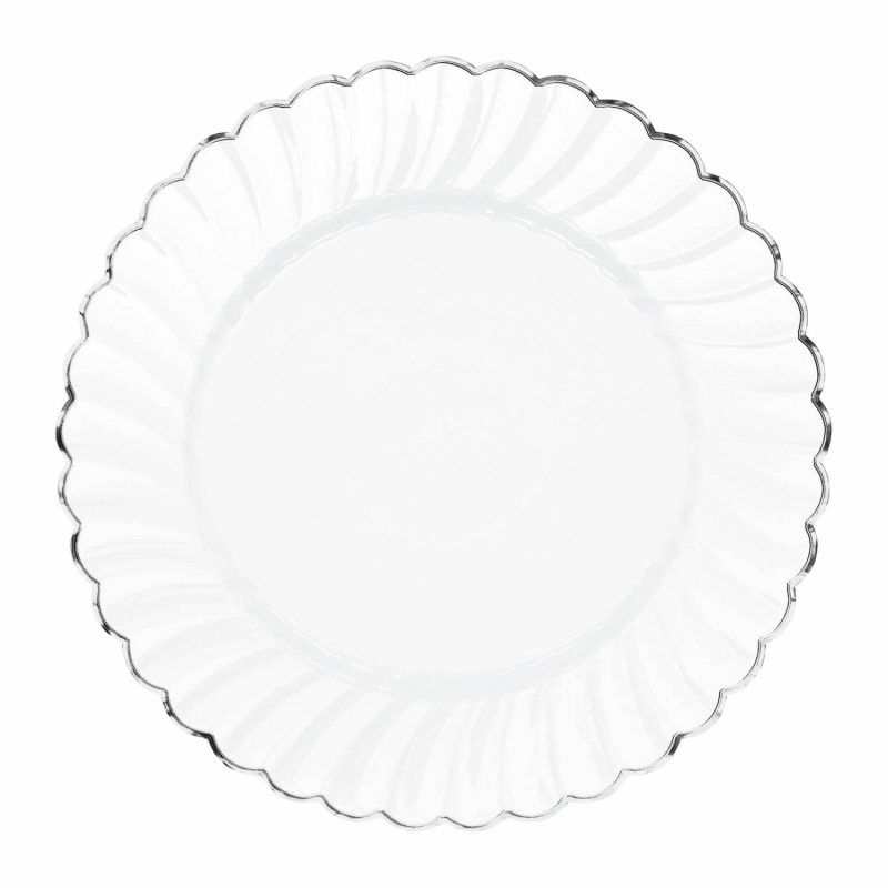 Plates, Platters & Bowls | White With Scalloped Silver Trim Plastic Plates 19Cm (Pack Of 20) Catering & Kitchen Plates, Platters & Bowls